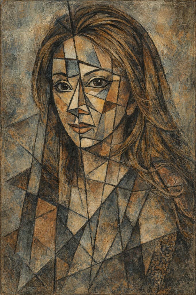 Portrait fractured into warm geometric facets, painterly surface
