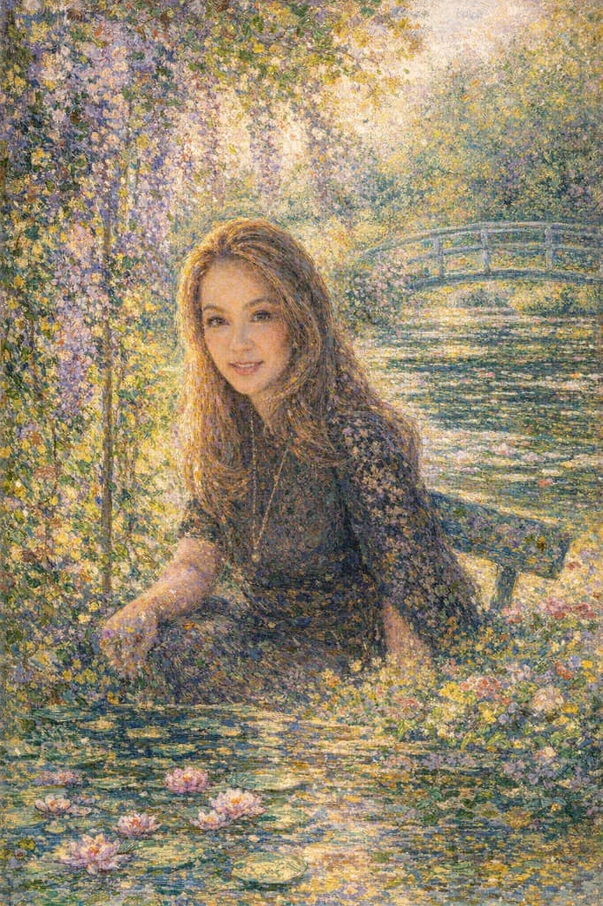 Impressionist garden portrait with wisteria, bridge, and water lilies
