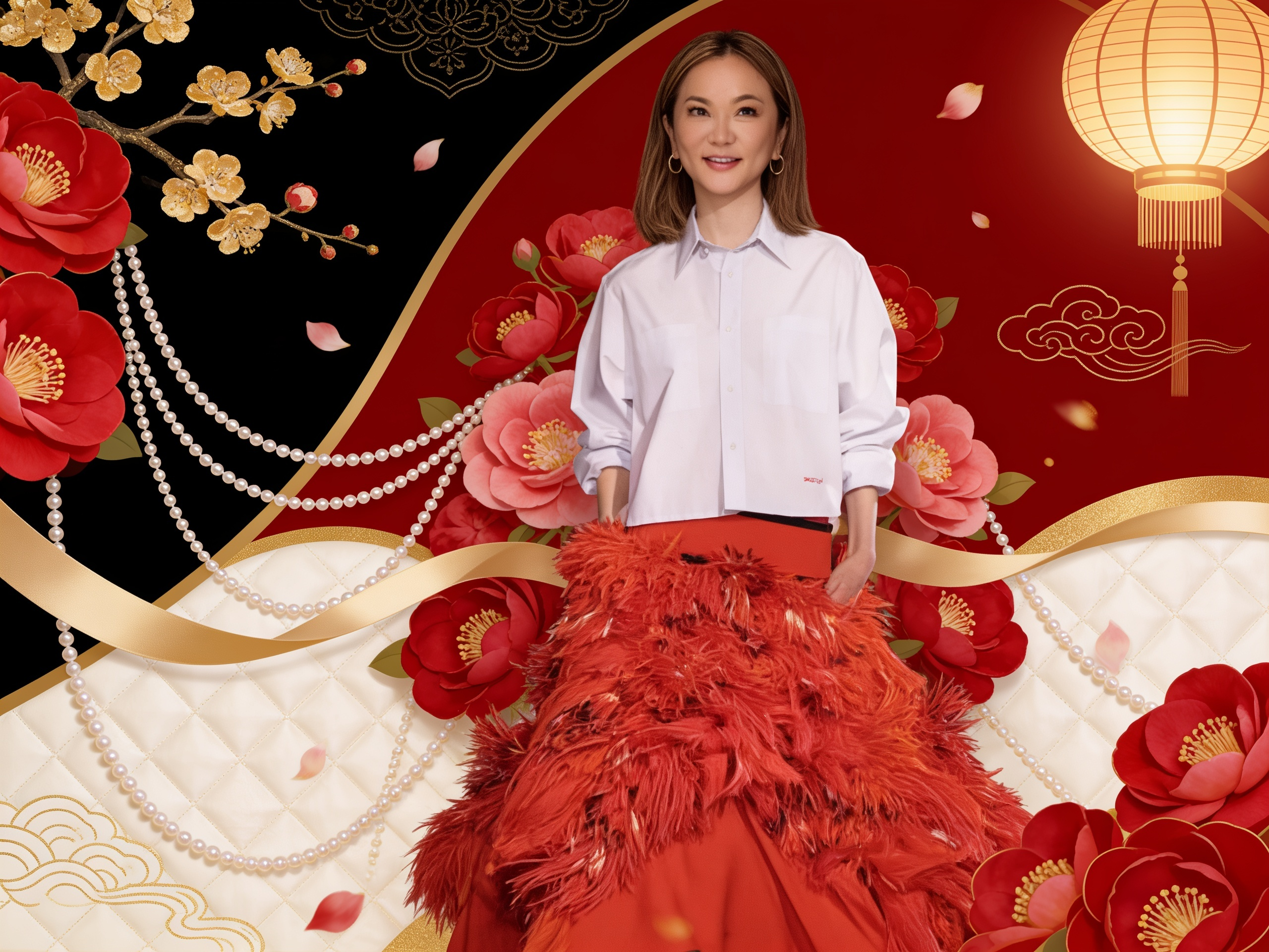 Editorial portrait in a white shirt and red feather skirt against a Lunar New Year luxury backdrop