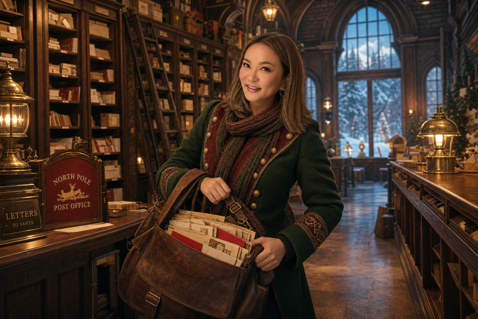 Portrait as a North Pole postmistress with a satchel of letters in a festive post office